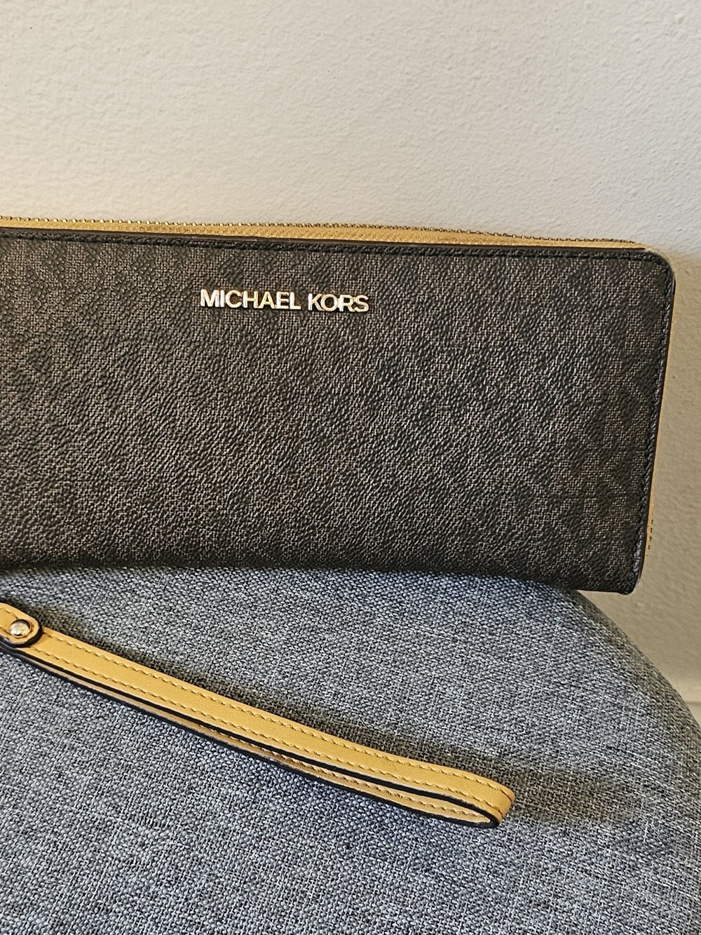 Michael Kors Black Wallet Wristlet with Yellow Trim